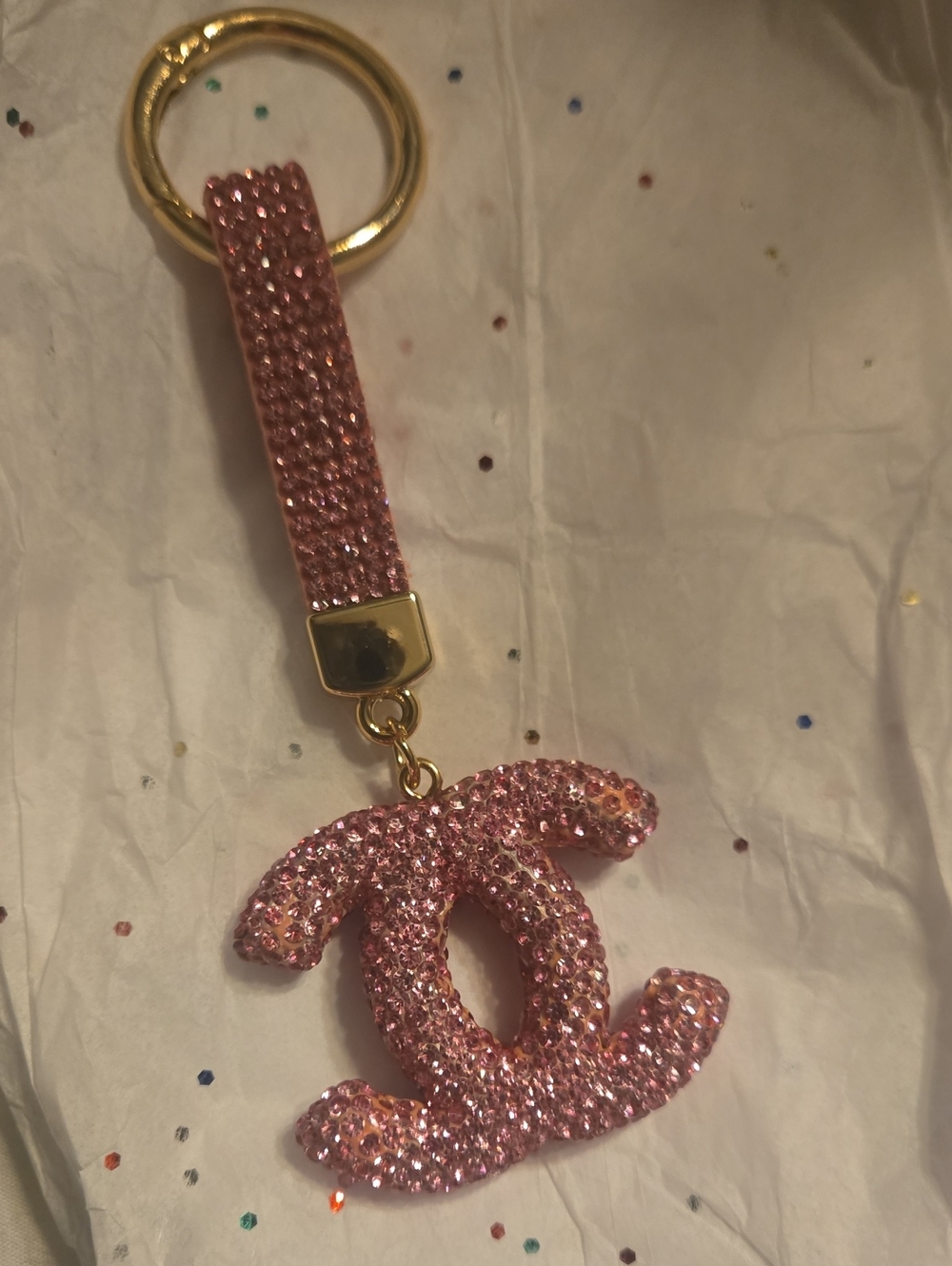 Pink Crystal Double-C Logo Keychain Bag Charm Beautiful